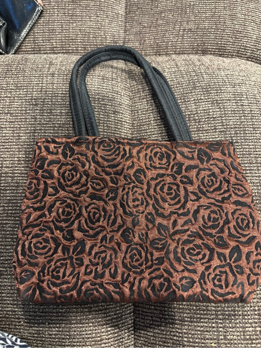 Vintage Black and Copper Rose-Pattern Shoulder Bag